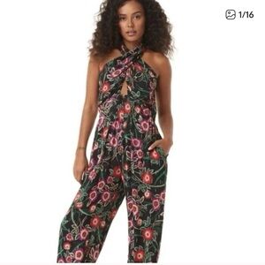 Misa Los Angeles Floral Halter Jumpsuit - Black and Pink